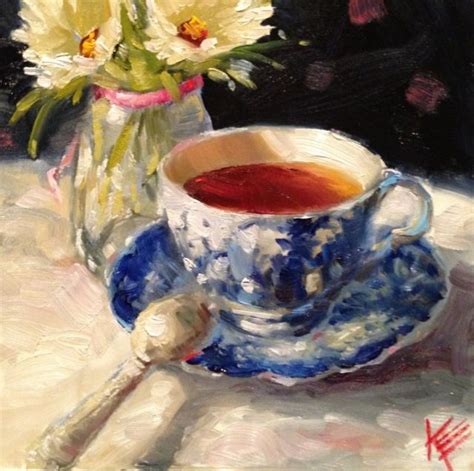 A Painting Of A Tea Cup And Saucer With Flowers In The Vase Next To It