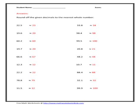 round decimals to the nearest whole number worksheet for
