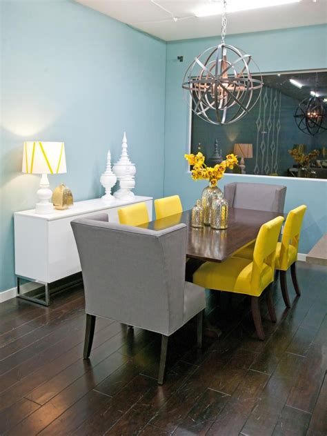 Windows are a dramatic backdrop for ethan allen's quincy bed, with roman shades from the shade store. Blue and Yellow Contemporary Dining Room | Dining room ...