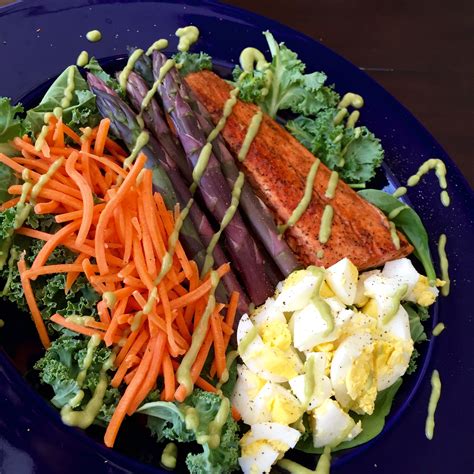 Serve garnished with lemon wedges, if desired. Purple Asparagus and Salmon Salad - Balancing For Life