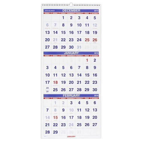 At A Glance Wall Calendar 2016 Vertical 3 Month Reference 14 Months