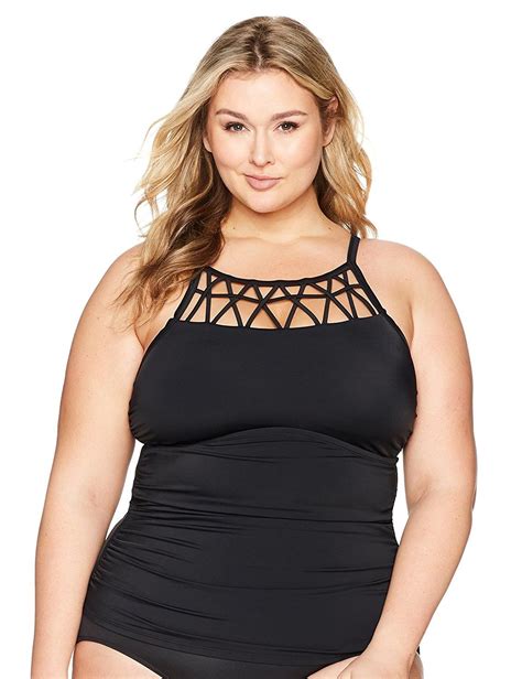 Womens Plus Size Swimwear Lattice Detail Tankini Top With Shirring