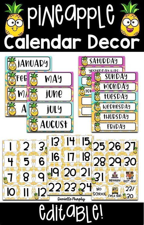 Tropical Pineapple Decor Calendar Editable Pineapple Theme Classroom