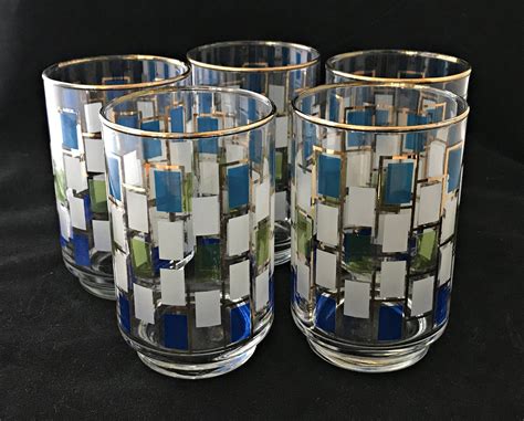 5 Funky 1960’s Libbey Nordic Water Glasses Tumblers 4 5 Inch 12oz Blue White Green Gold Blocks