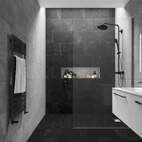 Slate Rock Grey 300x600 Tile Giant Black Tile Bathrooms Bathroom