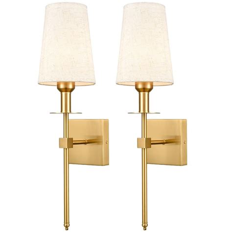 Gold Wall Sconce Sets Of 2 Beige Linen Shade Plug In Porch Light In