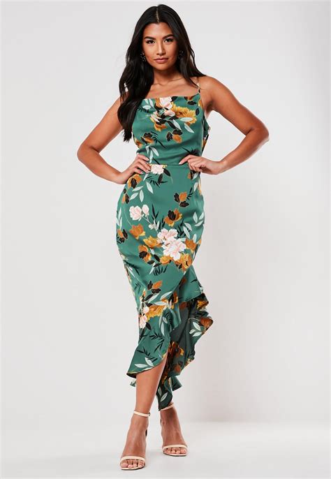 Green Floral Ruffle Side Cami Midi Dress Missguided