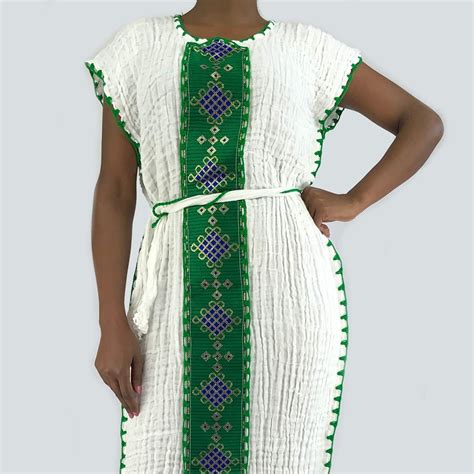 Traditional Ethiopian Habesha Dress Handmade Green Embroidery Short Sleeve By