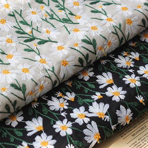 1 Yard Daisy Embroidery Cotton Linen Fabric Retro Manual Etsy
