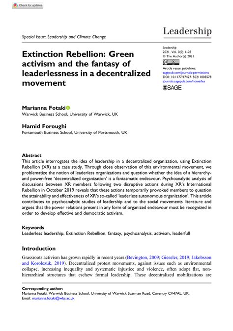 Pdf Extinction Rebellion Green Activism And The Fantasy Of Leaderlessness In A Decentralized