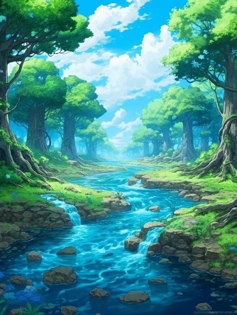 Premium Ai Image Anime Scenery Of A River Running Through A Forest