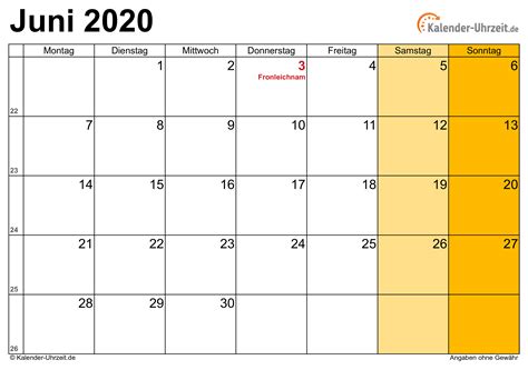 Juni 2021 Kalender Mit Feiertagen
