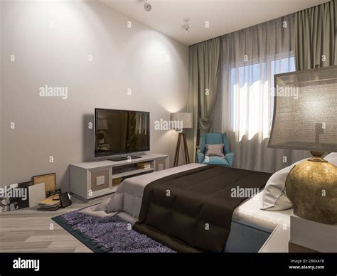 3d Render Of A Modern Bedroom Illustration Of A Bedroom Interior Design In A City Apartment