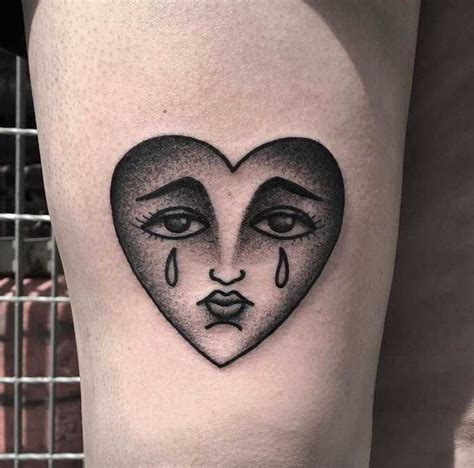 American Traditional Crying Heart Tattoo Inked On The Thigh By Mark