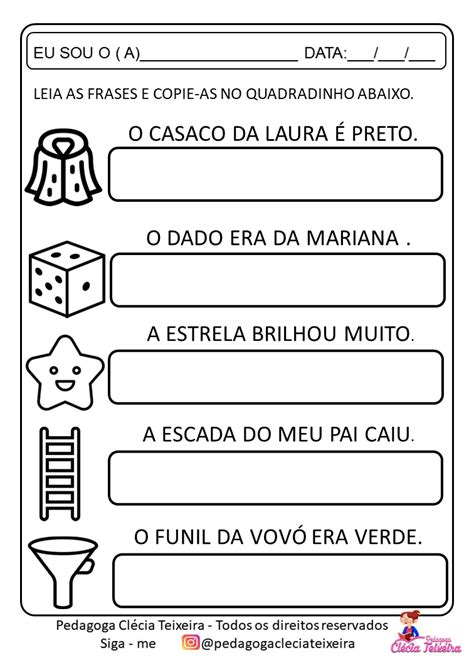Fichas de leitura para alfabetização frases Clécia Teixeira