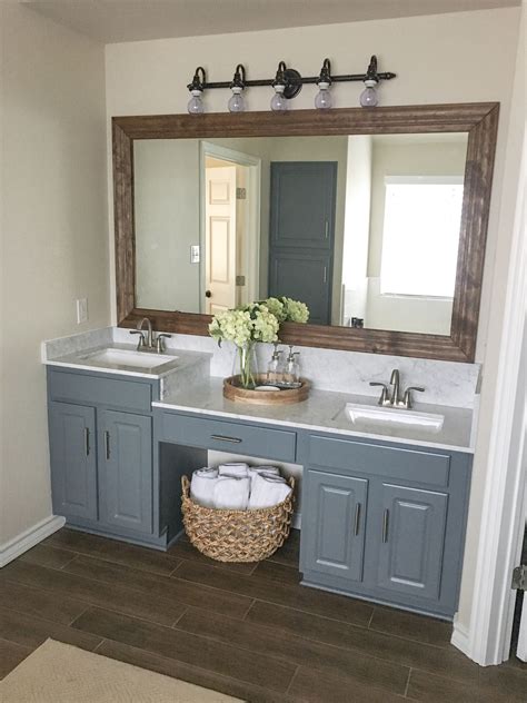 Gray Bathroom Cabinets Wood Tile Floor Diy Wood Framed Mirror Grey