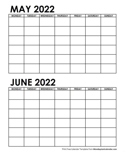 Two Month May June 2022 Calendar Blank Two Months Template