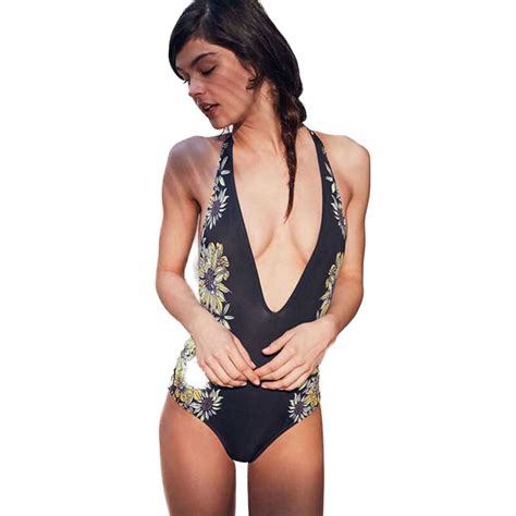 Sexy Deep V Neck Swimsuit One Piece Swimwear Floral Print Monokini Plus Size Backless Bathing