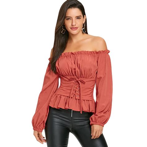 Gamiss Women Fashion Off The Shoulder Lace Up Smocked Blouse Casual Long Sleeve Blouse Shirt