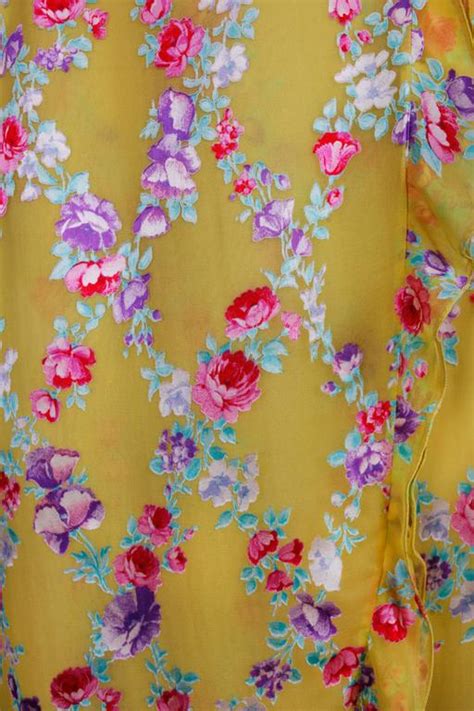 Emanuel Ungaro Yellow Silk Floral Lattice Pattern Day Dress Wruffled
