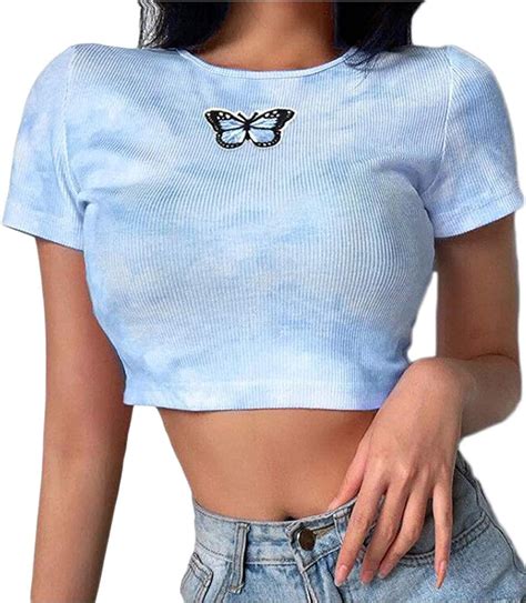 Amazon Com Women S Graphic Print Crop Top Y2K T Shirts Crewneck Tie