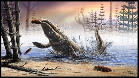 An Artists Rendering Of A Large Alligator In The Water With Its Mouth Open