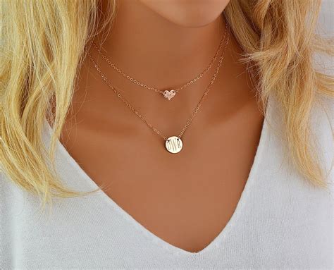 Dainty Layering Necklace Set Delicate Disc Monogram Necklace Etsy