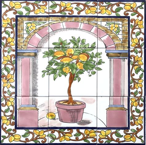 Decorative Citrus Mosaic 9 Tiles Lemon Tree Backsplash Ceramic Etsy