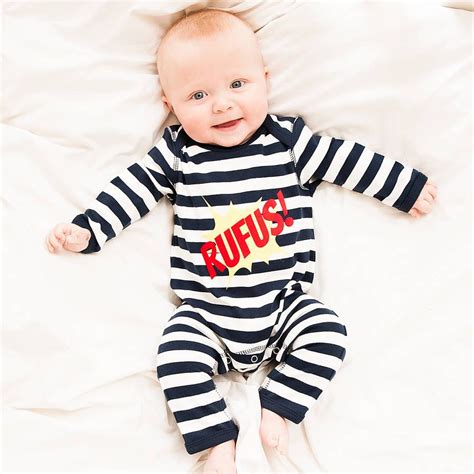 Personalised Ethically Produced Striped Kapow Baby Grow By Percy And