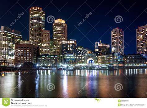 Boston Harbor And Financial District Skyline At Night