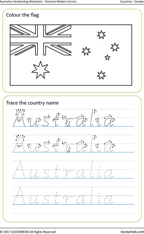 <p>asia is the largest of the world regions, stretching from the middle east to india and over to china and japan. Handwriting Worksheet Countries - AU-VIC-Australia-flag - LEOSTARKIDS