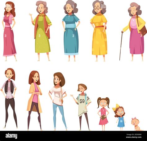 Women Generation Flat Colored Icons Set Of All Age Categories From