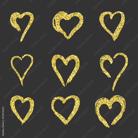 Set Doodle Hearts Of Gold In Style A Logo A Symbol Of Love On A Black