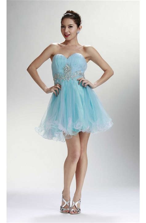 Charming Strapless Short Mini Baby Blue Tulle Beaded Cocktail Prom Dress