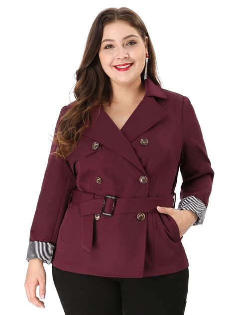 Womens Plus Size Double Breasted Belted Trench Coat Red