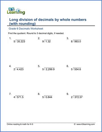 3.4 x 4 and 1.35 x 5.5) includes 8 vertical problems and 2 word problems. Worksheets: Long division of decimals by whole numbers ...