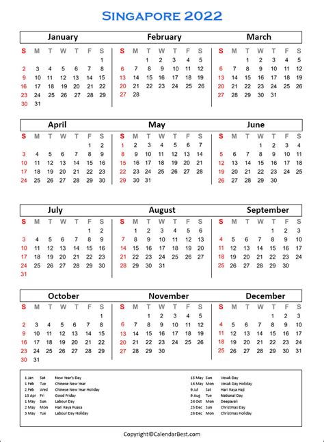 Printable Calendar 2022 Singapore