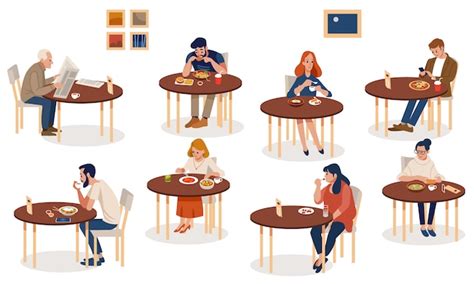 Premium Vector Collection Of Cute People Sitting At Tables And Eating