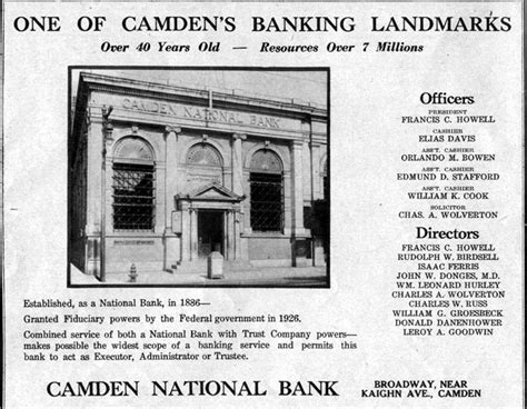 The camden national bank is an fdic insured bank located in camden and has 5068267 in assets. CAMDEN - Camden National Bank - Broadway & Sycamore