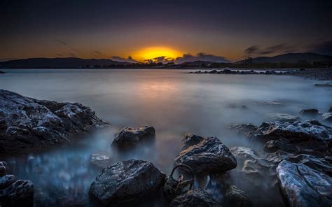 Sunset At Rhodes Coast With Rock Lake Evaporation Mist Desktop