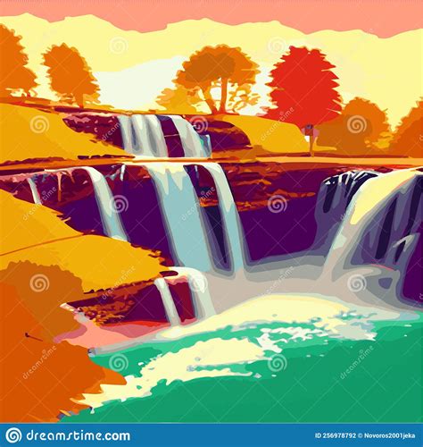 Autumn Forest Landscape With A Cascading Waterfall On The Rocks Vector