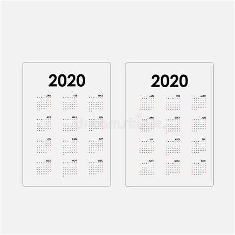 2020 Kalendermalplaatje Kalender 2020 Reeks Van 12 Maanden Jaarlijks De