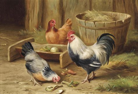 Edgar Hunt 1876 1953 Chickens In A Farmyard 19th Century