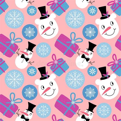 Winter Seamless Snowman And Snowflakes Pattern For Christmas Wrapping