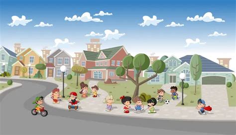 Kids Playing In Suburb Neighborhood