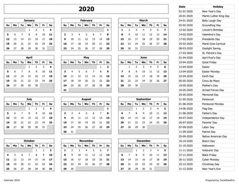 Download 2020 Yearly Calendar Sun Start Excel Template Exceldatapro