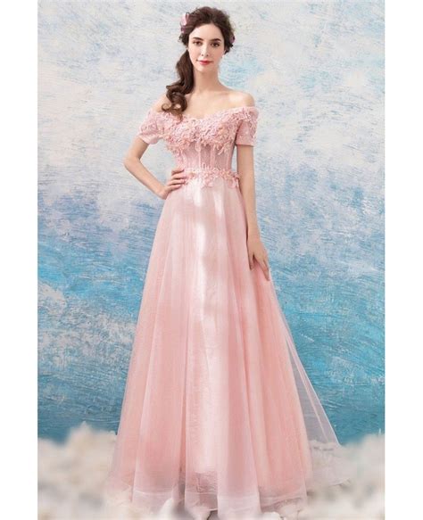 Pearl Pink Long Tulle Lace Formal Prom Dress With Off Shoulder Sleeves Wholesale T69302