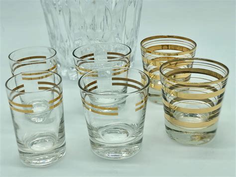 Mid Century Modern Gold Striped Tumbler Glass Set Of 6 Etsy Glass Set Glass Modern Home Bar