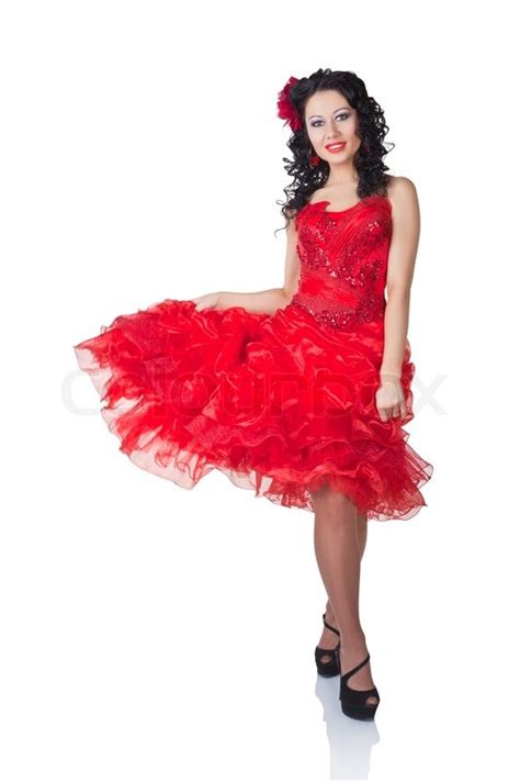 Beautiful Spanish Woman In A Red Dress Isolated On White