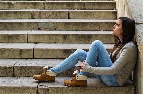 Wallpaper Women Model Sitting Dress Jeans Blue Fashion Stairs